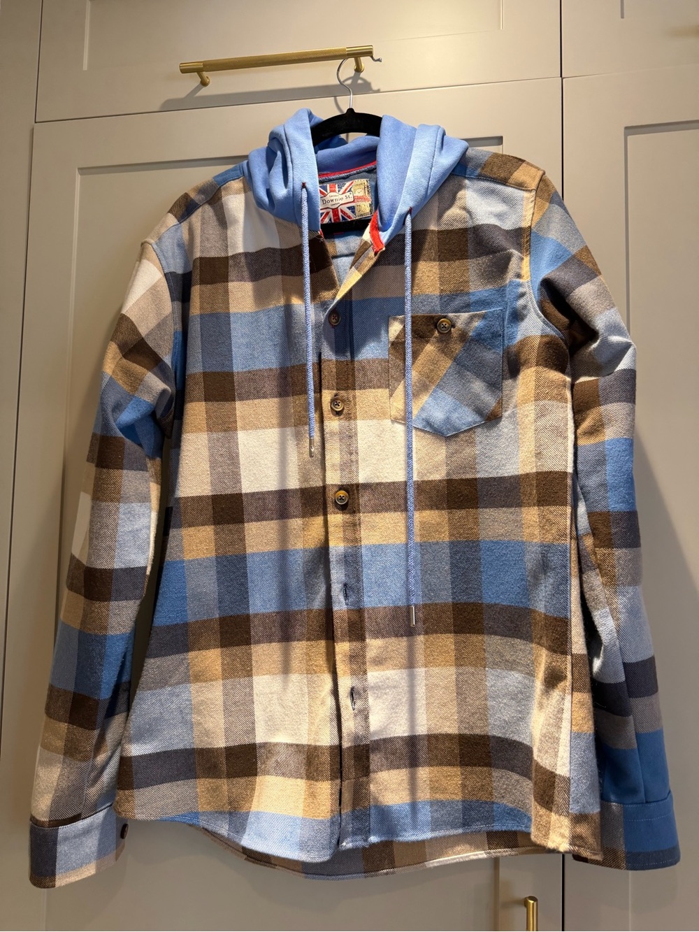 Light Blue & Brown Plaid Lightweight Shirt Jacket with Hood size small.